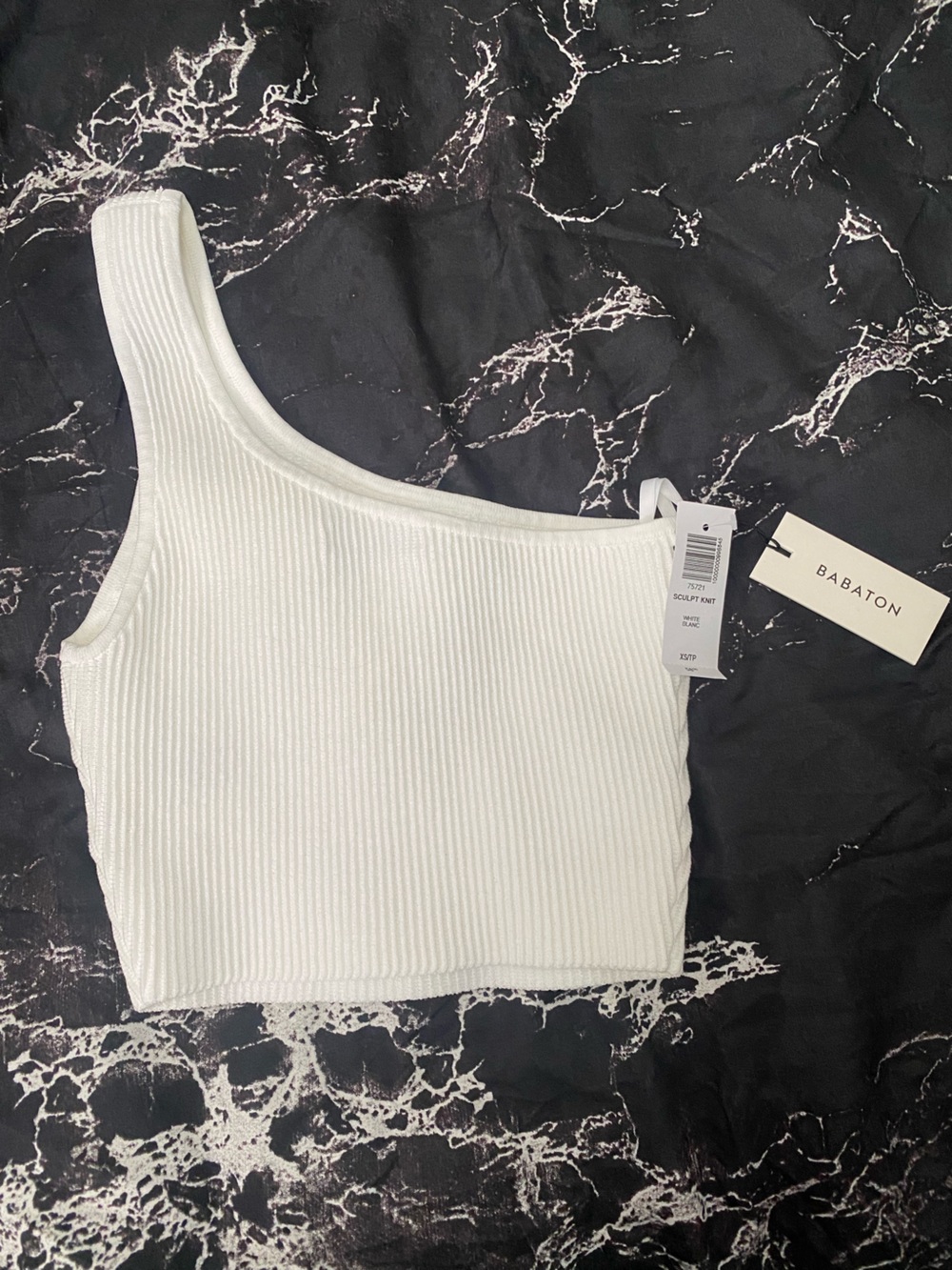 Babaton White Asymmetrical Ribbed One-Shoulder Crop Top